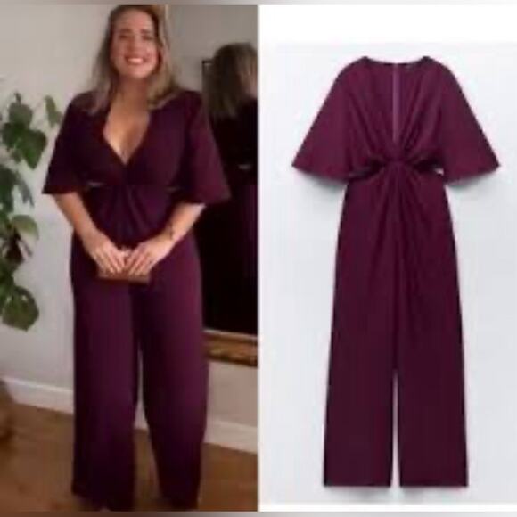 ZARA Purple Plum CUT OUT JUMPSUIT SHORT SLEEVE V NECK Size Small NWT - Picture 1 of 4